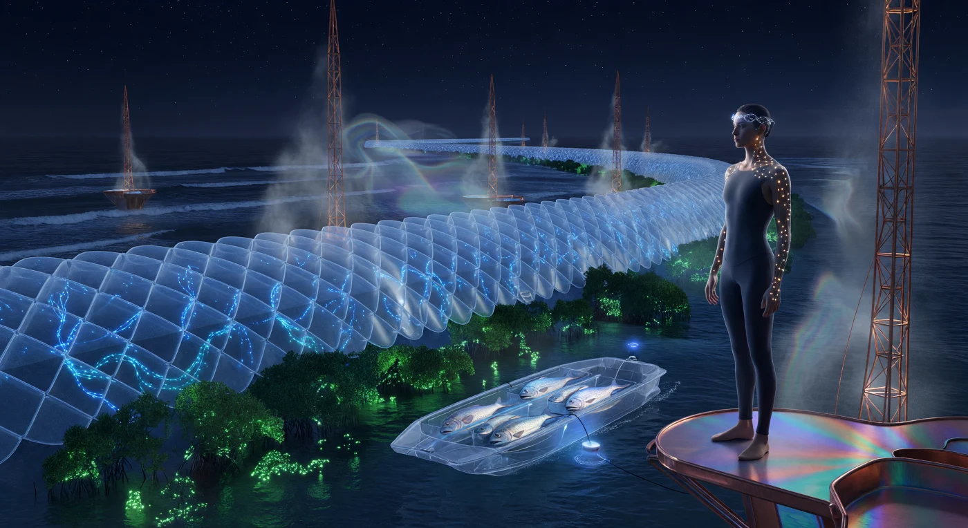 '임계기(The Threshold, 2025–2050)'라 불리는 격변의 시대에 인류는 거대한 그래핀 강화 고분자 방벽을 구축하여 벵골만의 급격한 해수면 상승에 대응했습니다. 화면에는 체온 조절용 나노봇망을 이식한 신인류 '시다-싱크(Siddha-Sync)'가 서 있으며, 그 앞에는 유전적 내성을 갖춘 힐사(Hilsa) 물고기들이 전기 이끼가 발하는 에메랄드빛 수면 아래를 유영하고 있습니다. 인공 달빛과 바이오루미네선스 데이터망이 교차하는 이 풍경은 극한의 기후 위기 속에서 생존을 위해 기술과 진화가 결합된 인류세(Anthropocene)의 새로운 생태적 지평을 생생하게 증언합니다.