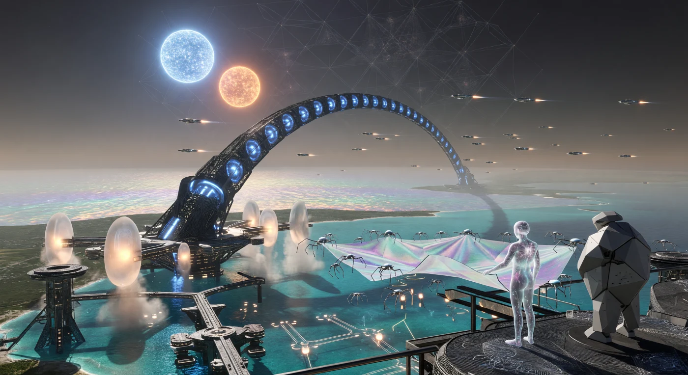 서기 44,200년 우주 성숙기(Cosmic Maturity)의 셸 월드에서는 거대한 전자기 매스 드라이버가 화물 포드를 이리데선트 대기 너머로 가속시키며 하이브리드 문명의 장엄한 위용을 드러냅니다. 전경에서는 다기능 드론들이 성간 항해용 그래핀 레이저 돛을 정교하게 갈무리하고 있으며, 광자 격자 구조를 지닌 ‘위브(The Weave)’와 프로그램 가능 물질로 이루어진 ‘프로테안(The Proteans)’ 같은 다형성 존재들이 이 거대한 궤도 허브를 분주히 운영합니다. 다이슨-카르다쇼프 스웜이 드리운 기하학적 그림자 아래, 이들은 항성의 에너지를 정밀하게 제어하며 생물과 기계의 경계가 완전히 소멸한 심우주 시대의 정점을 보여줍니다.