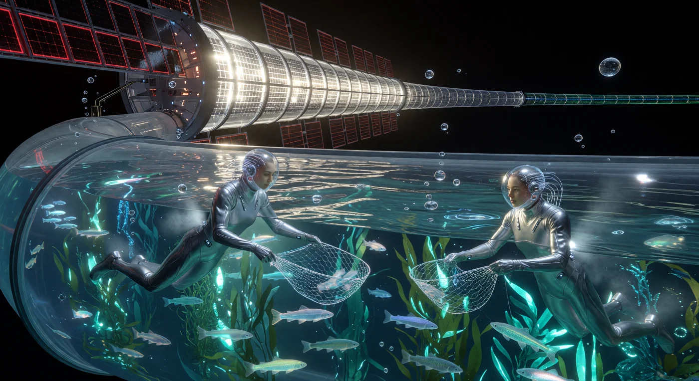 태양 팽창기(서기 2500-3000년)의 다이슨 스웜 내부에 조성된 '수경 유지 고리(Hydro-Sustenance Ring)'에서는 인공적으로 설계된 정교한 생태계가 운영되었습니다. 관찰자는 은색 중합체 슈트를 입은 증강 인류(Augments)가 자기장으로 구속된 무중력 담수 속에서 생체 발광 켈프와 내부 구조가 비치는 투명 송어를 관리하며 유영하는 경이로운 광경을 목격하게 됩니다. 이 거대한 서식지는 태양의 막대한 복사 에너지를 직접 활용하여 지구의 생명체를 우주 환경에 맞춰 재설계한 포스트-바이오 인류의 고도화된 자급자족 체계를 상징합니다.