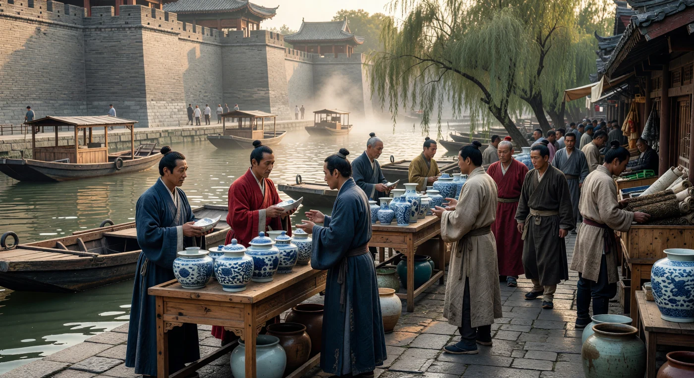 Vor den massiven, grauen Ziegelmauern von Nanjing entfaltet sich im 15. Jahrhundert ein lebhafter Markt, auf dem Händler in feinen Seidenroben das berühmte kobaltblaue Ming-Porzellan gegen silberne Sycee-Barren tauschen. Während im Hintergrund flache Holzboote durch den nebligen Kanal gleiten, beleuchtet das goldene Nachmittagslicht die exquisite Handwerkskunst und den wirtschaftlichen Reichtum der frühen Ming-Dynastie. Diese Szene verdeutlicht die Blütezeit des chinesischen Fernhandels, in der die Stadt Nanjing als zentraler Knotenpunkt für den Austausch von Luxusgütern und Edelmetallen fungierte.