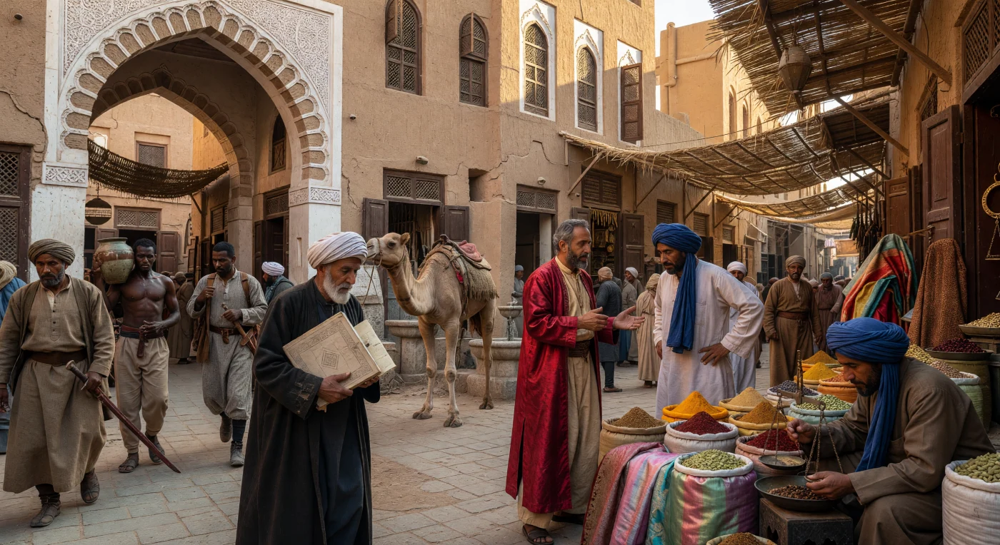 Inmitten des geschäftigen Souqs von Bagdad im 9. Jahrhundert verhandeln persische und arabische Händler unter kunstvollen Stuckbögen mit kostbarer syrischer Seide und exotischen Gewürzen wie Kurkuma und Kardamom. Im Vordergrund trägt ein Gelehrter ein frisch gebundenes Manuskript aus Hanfpapier, ein Symbol für die technologische Innovation und den beispiellosen Wissensaustausch während der abbasidischen Blütezeit. Die Szene fängt die pulsierende Atmosphäre dieses globalen Handelszentrums ein, in dem Architektur aus Lehmziegeln und feine Mashrabiya-Gitterwerke den Rahmen für eine der fortschrittlichsten Zivilisationen des Frühmittelalters bildeten.