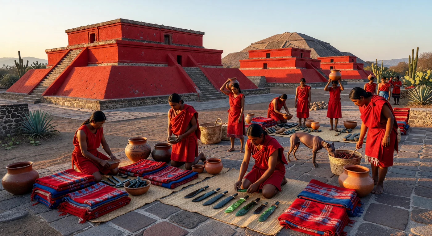 Im goldenen Licht der Morgendämmerung erwacht der geschäftige Markt von Teotihuacan vor der Kulisse massiver Talud-Tablero-Bauwerke, die in leuchtendem Zinnoberrot erstrahlen. Nahua- und Totonaken-Händler präsentieren auf geflochtenen Matten ihre kostbaren Waren, die von lichtdurchlässigen Klingen aus grünem Obsidian bis hin zu fein gewebten Baumwolltextilien mit komplexen Mustern reichen. Als eine der bedeutendsten Metropolen der Spätantike um 450 n. Chr. war die Stadt ein pulsierendes Zentrum des Handels und der Kultur, dessen architektonisches Erbe bis heute die Monumentalität des präkolumbischen Amerikas bezeugt.