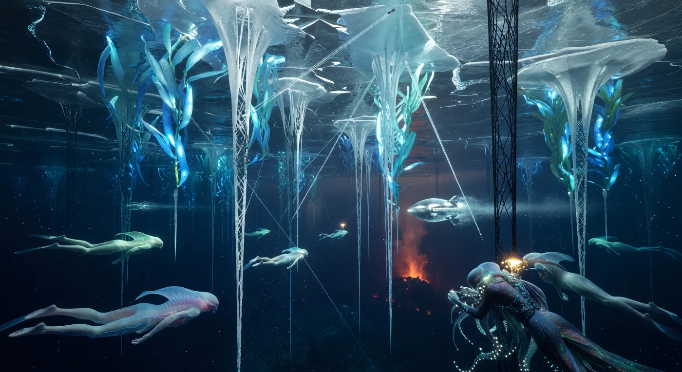 In the subsurface ocean of Europa during the Great Divergence (c. 2200–2500 CE), the city of New Thalassa descends from the "Sky-Ice" in a display of radical structural engineering. These spindly spires of calcium carbonate and carbon fiber house the *Homo adaptus*, a genetically diverged human clade featuring bioluminescent circulatory systems and bio-sonar organs for navigating the lightless abyss. The ecosystem is powered by Jupiter’s tidal forces and illuminated by engineered cyan kelp, while bio-synthetic Cephalopod-Hybrids maintain the infrastructure of this high-pressure, three-dimensional civilization.