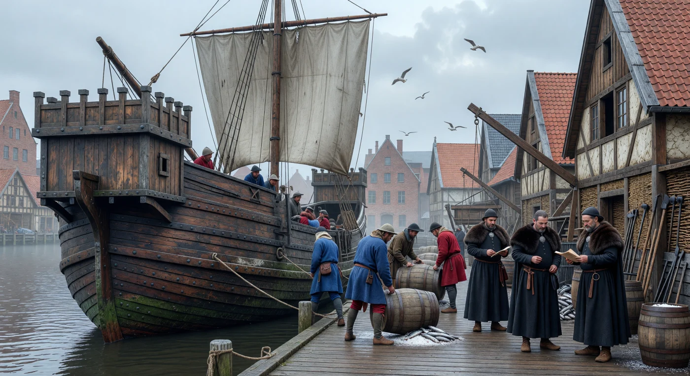 In deze sfeervolle weergave van de 13e-eeuwse haven van Lübeck meert een robuuste Hanzekog aan langs de kade van de Trave, terwijl arbeiders zware eikenhouten vaten met gezouten haring lossen onder het toeziend oog van rijke kooplieden. Het schip, herkenbaar aan zijn massieve romp en karakteristieke houten kastelen, vormde in deze periode de ruggengraat van de Noord-Europese handel binnen het machtige Hanzeverbond. Tegen de achtergrond van de opkomende gotische baksteenarchitectuur illustreert deze scène de economische bloei en de maritieme dominantie van de Oostzeesteden tijdens de volle middeleeuwen.