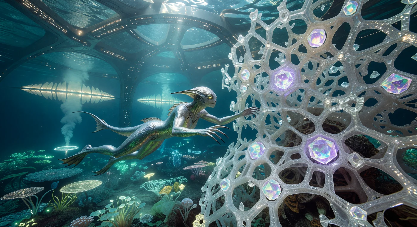 Set in the Horizon era approximately 100,000 to 1,000,000 years in the future, this scene depicts a bio-engineered Seeder-Kin navigating the dense, heavy-water ($D_2O$) oceans of a subterranean Shell World in the Inner Milky Way. The diver, specialized with radiation-hardened DNA and silver-scaled chlorophyll-synthetic skin, harvests iridescent Lattice-Crystals—sophisticated femtotech data storage—from a glowing reef of molecularly assembled silicate. Above the aquatic landscape, the massive structural ribs of the planetary-scale habitat are illuminated by redirected beams of starlight, illustrating the advanced megastructural engineering and biological adaptation of a Kardashev Level 2.4 civilization.