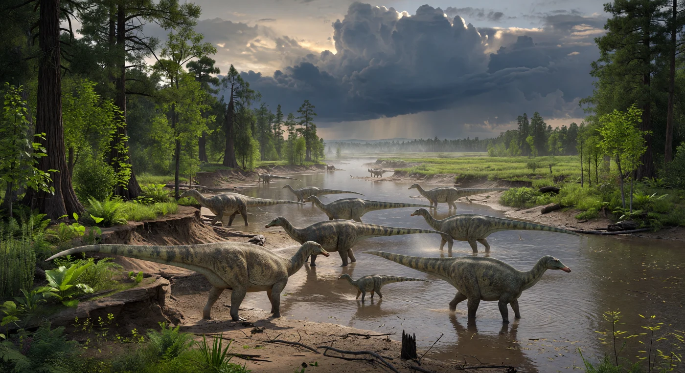 हेल क्रीक संरचना की इस देर-मास्ट्रिख़्तियन नदी-मैदान दुनिया में, लगभग 6.7–6.6 करोड़ वर्ष पहले, 10 मीटर लंबे शाकाहारी हैड्रोसॉर **एडमॉन्टोसॉरस एनेक्टेन्स** का झुंड गाद-भरे उथले जल में पेट तक धँसकर आगे बढ़ता दिखाई देता है, जबकि एक छोटा किशोर उनके आकार का प्रभाव और भी बढ़ा देता है। इनके चारों ओर दलदली तटों पर टैक्सोडिएसी कुल के शंकुधारी वृक्ष, प्रारम्भिक चौड़ी-पत्ती वाले आवृतबीजी पेड़, फर्न, हॉर्सटेल और साइकैड्स फैले हैं—यह सब पश्चिमी उत्तर अमेरिका की लैरामिडिया भूमि पर, डायनासोर युग के अंतिम क्षणों से ठीक पहले का आर्द्र बाढ़मैदान है। भारी तूफ़ानी बादलों, कीचड़, बहकर आए लट्ठों और ताज़े जलोढ़ निक्षेपों के बीच यह दृश्य हमें उस पारितंत्र की झलक देता है जिसमें **टायरैनोसॉरस**, **ट्राइसेराटॉप्स** और अनेक अन्य जीव भी इसी नदी-प्रदेश को साझा करते थे।