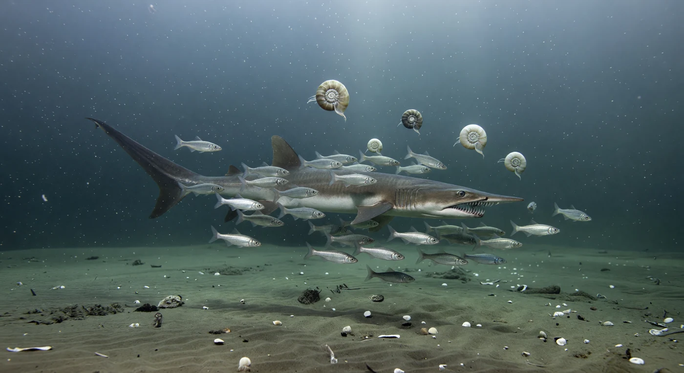 Nelle fredde acque della piattaforma continentale del Gondwana meridionale, poco prima della crisi di fine Permiano circa 252 milioni di anni fa, un Helicoprion lungo circa 5 metri irrompe tra un banco di piccoli pesci paleonisciformi, mentre sopra di lui fluttuano ammonoidi del genere Medlicottia. Questo enigmatico eugenodontide, imparentato più con i pesci cartilaginei che con i veri squali moderni, portava la celebre spirale di denti profondamente inserita nella mandibola inferiore, un adattamento unico per afferrare prede dal corpo molle o guizzante. La scena evoca un ecosistema polare marino ricco di plancton ma immerso in luce fioca e stagionale, destinato di lì a poco a essere travolto dalla più grande estinzione di massa della storia della Terra.
