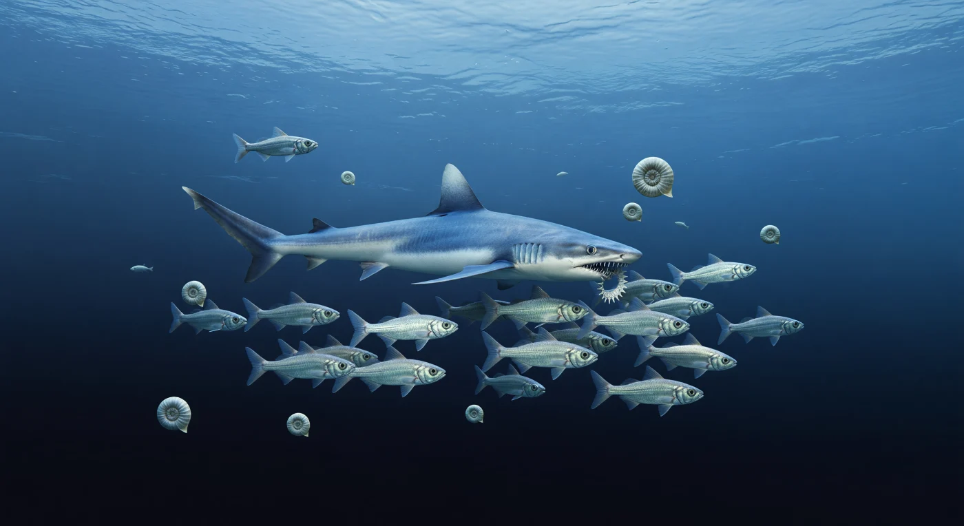 Nel vasto oceano Panthalassa del tardo Permiano, circa 260–252 milioni di anni fa, un adulto di Helicoprion lungo circa 6 metri sfreccia nelle acque tropicali color cobalto, fendendo un banco di piccoli pesci attinotterigi paleonisciformi dalle scaglie lucenti. La caratteristica spirale di denti nella mandibola inferiore, simile a una sega arrotolata, rivela uno dei predatori più insoliti del Paleozoico, mentre poco lontano ammonoidi come Medlicottia e Paraceltites fluttuano nella colonna d’acqua sopra l’immensa profondità oceanica. Questa scena appartiene agli ultimi milioni di anni prima della “Grande Moria”, la crisi di fine Permiano che avrebbe cancellato gran parte della vita marina del pianeta.