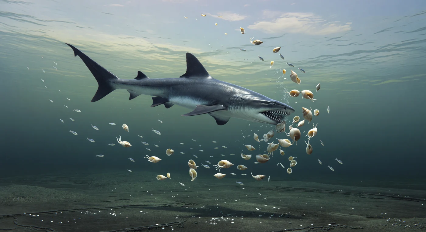 Nas águas abertas da Panthalassa, junto à margem de Pangeia há cerca de 255–252 milhões de anos, um Helicoprion de cerca de 6 metros investe contra um cardume de pequenos amonoides Agathiceras, enquanto conodontes translúcidos e peixes paleonisciformes prateados se dispersam abaixo. Este enigmático eugeneodontídeo, aparentado aos peixes cartilagíneos, distinguia-se pela espetacular espiral dentária alojada na mandíbula inferior, provavelmente usada para agarrar e cortar presas de concha. A cena capta um ecossistema marinho do final do Pérmico, pouco antes da Grande Mortandade — a extinção em massa de há 252 milhões de anos que devastaria a vida nos oceanos e em terra.