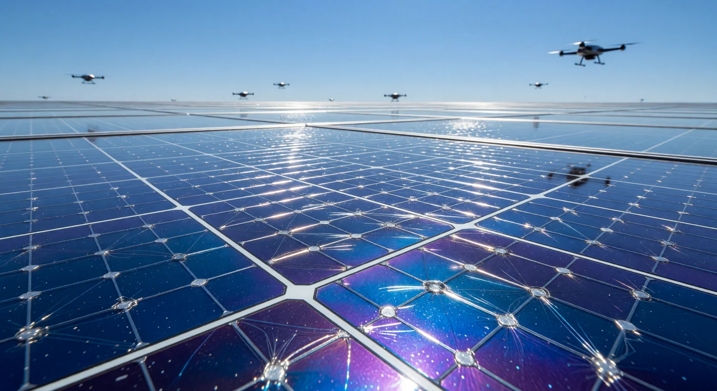 This macro view reveals the iridescent indigo surface of a Helios-9 tandem solar array, featuring a microscopic hexagonal grid of silver nanowires beneath protective, ultra-clear glass. Developed in 2029 during the "Great Convergence," these panels represent a landmark in materials science by layering synthetic perovskite over silicon to bypass the traditional Shockley-Queisser efficiency limit. By capturing a broader spectrum of solar radiation, this technology facilitated the rapid obsolescence of fossil fuels and provided the energy surplus necessary for the global electrification of the mid-21st century.
