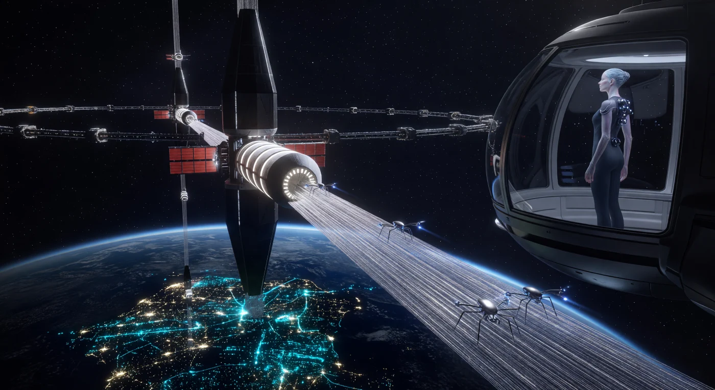 During the era known as The Convergence (c. 2144 AD), the "Staircase" space elevator serves as a vital artery for Earth’s energy economy, transporting refined Helium-3 canisters along a shimmering carbon-nanotube tether. From this 400-kilometer orbital perspective, the dark curve of the planet is illuminated by the "Noosphere"—a bioluminescent grid of data and urban activity—while massive radiator fins on the cargo pods glow red to dissipate the intense thermal energy of the ascent. This period is defined by the presence of the Grav-Adapted, a human subspecies whose elongated limbs and radiation-shielding skin pigments reflect generations of biological adaptation to life in low-gravity environments.