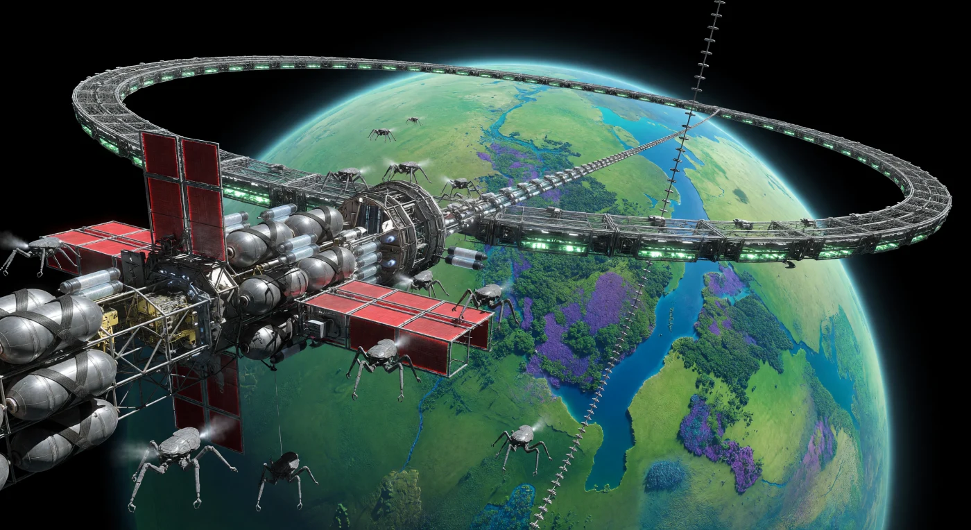This scene depicts the Phobos Orbital Ring during the late 28th century (c. 2750 CE), a period when Mars has been fully terraformed into a thriving "Green World." A modular Helium-3 transport vessel from the Saturnian system is shown docking at a magnetic mooring arm, while automated Lithic-Synth swarms transfer silicate feedstock toward a carbon-nanotube space elevator for descent to the surface. Below, the Martian limb reveals a vibrant biosphere of emerald forests and the azure Valles Sea, supported by a sophisticated orbital magnetic shield and a managed nitrogen-rich atmosphere.