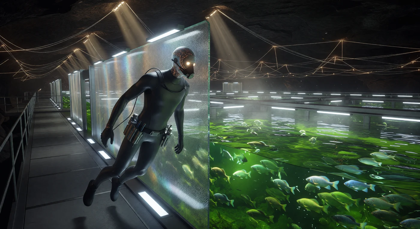 서기 2100년에서 2200년 사이 '수렴(The Convergence)' 시기에 조성된 화성 헬라스 저수지의 지하 현무암 용암 동굴은 인류가 외계 행성에 구축한 정교한 인공 생태계를 보여줍니다. 이곳에서 신경망이 증강된 작업자는 탄소 나노튜브 격벽을 점검하며, 저중력 환경에 맞춰 지느러미가 길게 변형된 은비늘 틸라피아와 생물 발광을 내뿜는 유전자 변형 조류의 상태를 면밀히 관찰합니다. 0.38g의 중력에 적응하여 변화된 인류의 신체와 방사능 차폐용 납 도핑 수트는 화성의 혹독한 지질학적 환경 속에서 생존을 위해 기술과 생물학이 결합된 독특한 진화의 단계를 증명합니다.