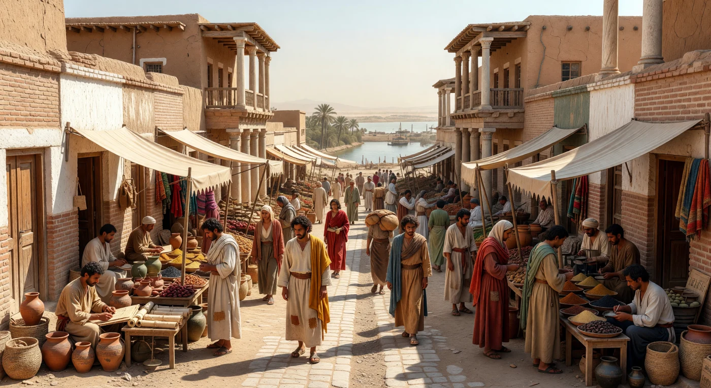 A crowded market street in 2nd-century BC Seleucia-on-the-Tigris would have combined Greek-style urban planning with the materials and habits of Mesopotamia: colonnaded stoas, plastered brick façades, flat-roofed buildings, and a lively mix of settlers and local residents. Traders display ceramics, spices, textiles, papyrus, and imported amphorae, while scribes and artisans work amid donkey traffic and awnings that cast striped shade across the road. The scene reflects the Seleucid capital’s cosmopolitan character, where Greek and Aramaic speakers met in one of the Hellenistic Near East’s great commercial centers.