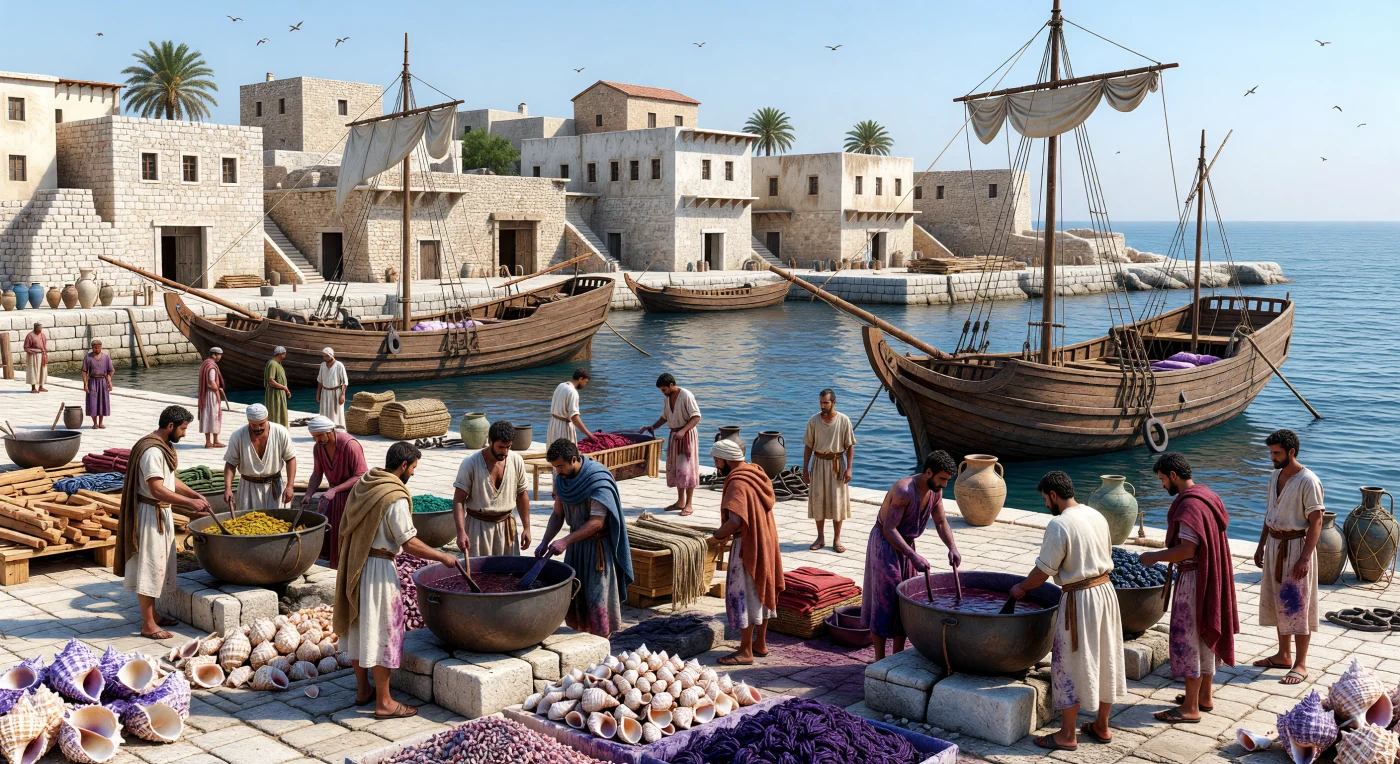 On the quays of Hellenistic Tyre, merchants and laborers unload amphorae, textiles, and cedar timber from broad-beamed merchant ships while, nearby, workers tend the foul-smelling vats that produced the city’s famed purple dye from crushed murex shells. In the 3rd century BC, Tyre remained one of the eastern Mediterranean’s great Phoenician ports, even under Seleucid rule, linking Levantine resources and skilled industries to long-distance maritime trade. The scene captures both the practical labor of the harbor and the prestige commodity—Tyrian purple—that made the city renowned across the ancient world.