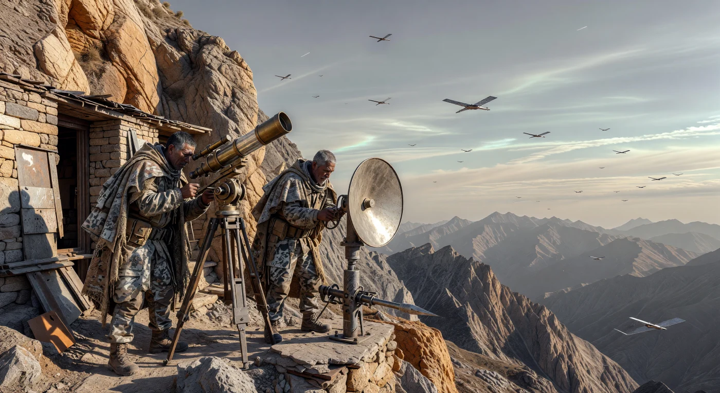 2048년경 중국 헝돤산맥의 황토색 석회암 절벽에 구축된 이 '내추럴리스트(Naturalist)' 전초기지는 고고도 AI 감시 군단을 피하기 위해 철저히 아날로그 방식으로 운영되는 저항의 현장을 생생하게 보여줍니다. 대마 섬유와 재생 플라스틱 장갑으로 무장한 이들은 신경 인터페이스를 거부한 채 청동 망원경과 콘크리트 음향 탐지기 같은 기계적 도구만을 사용하여, 고도로 지능화된 '임계기(The Threshold)' 사회의 디지털 감시망으로부터 스스로를 격리시킵니다. 지오엔지니어링으로 형성된 진주빛 하늘 아래, 고대 티베트식 석조술과 산업 폐기물이 결합된 이 거처는 기술적 특이점의 시대에 인간 본연의 물리적 생존을 고수하려는 고군분투를 상징합니다.