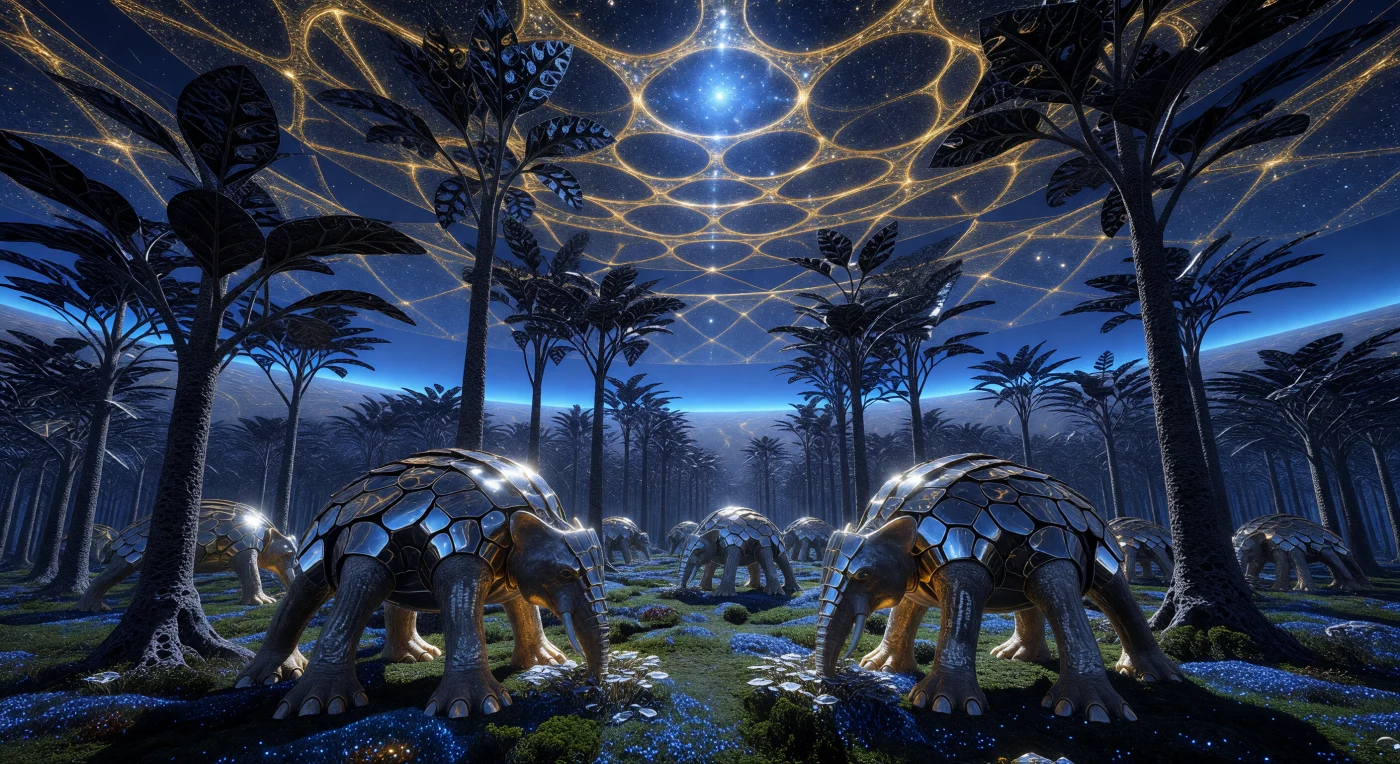 Durante la era de El Horizonte (100.000 – 1.000.000 d.C.), los biomas internos de El Puente albergan herbívoros de base silícea cuyos caparazones de molibdeno reflejan la vasta red dorada de un Enjambre de Dyson. Estas criaturas de seis extremidades pastan en bosques radiotróficos compuestos por árboles de hojas metálicas que procesan radiación gamma, adaptándose a una densa atmósfera de neón y xenón. Esta escena ilustra la cúspide de la evolución en el tiempo profundo, donde la vida se ha integrado plenamente en megaestructuras orbitales para cosechar la energía de una estrella tipo F.