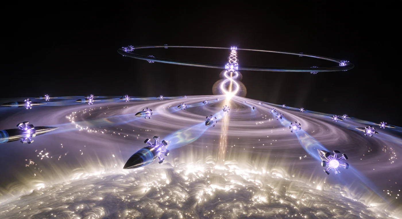 During the Solar Expansion era (c. 2500–3000 AD), humanity transitioned to a Kardashev Type II civilization by mastering the art of "stellar lifting" to harvest raw materials directly from the Sun. This scene depicts a fleet of Hesperia Consortium Sun-Diver drones, constructed from heat-deflecting rhenium-tungsten alloys, as they navigate the pearlescent violet haze of the solar corona. Using synchronized magnetic stabilizers to "pinch" and funnel incandescent plasma, the drones direct a massive stream of ionized gas toward the Sol-Sieve—a 500-kilometer graphene-boron-nitride ring that separates hydrogen, helium, and trace metals for industrial use. This audacious engineering feat provided the infinite resources necessary to construct a Dyson Swarm, ending the era of planetary resource scarcity.