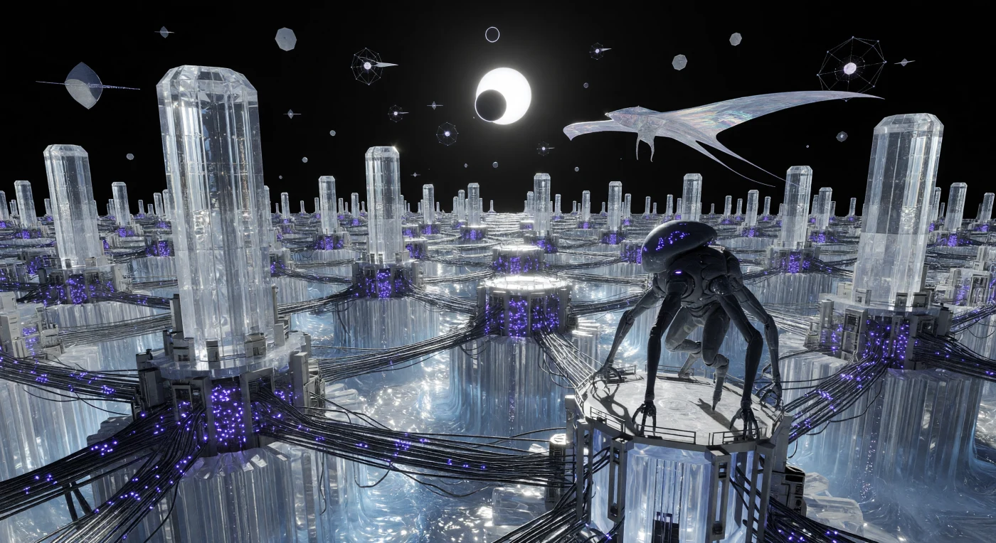 Set within the Sol Core during the Galactic Age (c. 5,000–20,000 CE), this scene depicts the Mercury Processor Lattice, a planetary-scale computational megastructure. Hexagonal diamond spires, cooled by shimmering superfluid helium, serve as the physical substrate for billions of digital "Infomorph" consciousnesses interconnected by pulsing carbon-nanotube conduits. Above the airless horizon, the Dyson-Stellar Array mirrors harvest the Sun's immense energy to power the lattice, while a radiation-hardened Chitinous Void-Walker and a kite-like Solar Synth navigate the harsh, high-contrast environment of the modified planet.