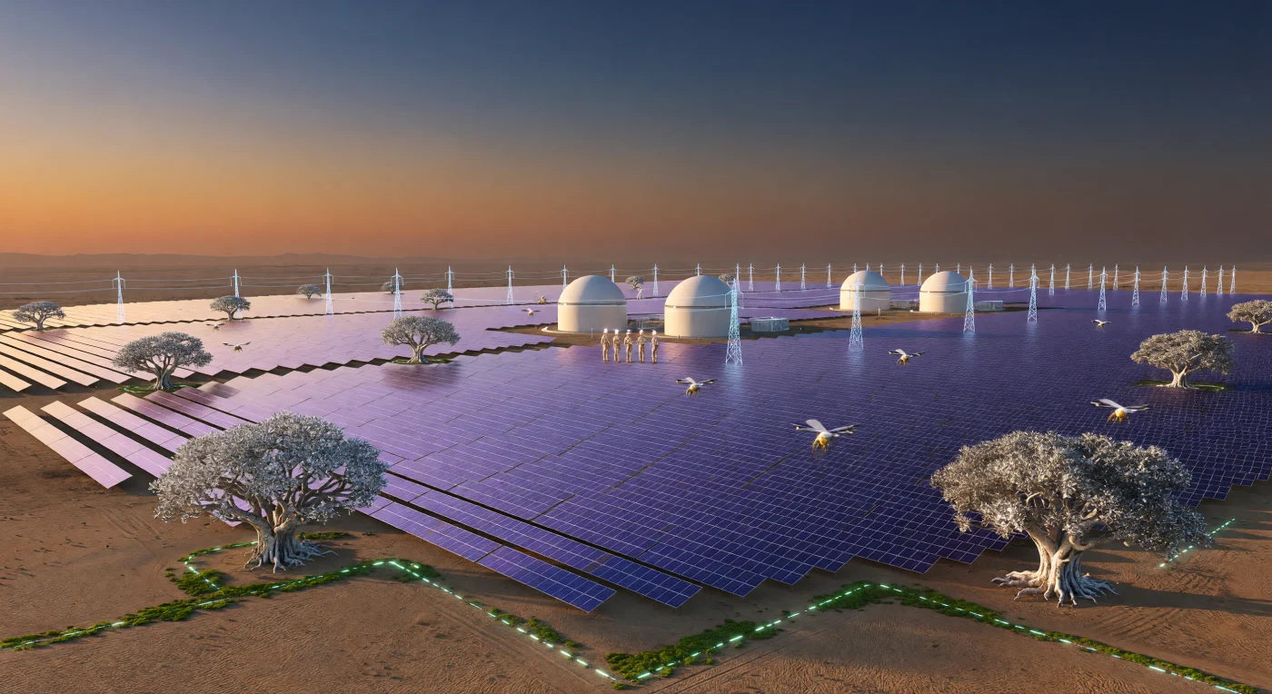 This scene captures the Thar Megagrid in Rajasthan during the "Threshold" era (c. 2025–2050), showcasing a landscape transformed by the South Asian Federation’s pursuit of energy sovereignty. Shimmering hexagonal perovskite-silicon solar arrays stretch toward the horizon, punctuated by the pearlescent domes of Bhabha-class Thorium Molten Salt Reactors that provide stable, carbon-free baseload power. In the foreground, augmented Siddha-Sync technicians and genetically engineered "Heat-Sink" Banyan trees illustrate the biological adaptations required to inhabit a world shaped by planetary-scale engineering and extreme thermal shifts.