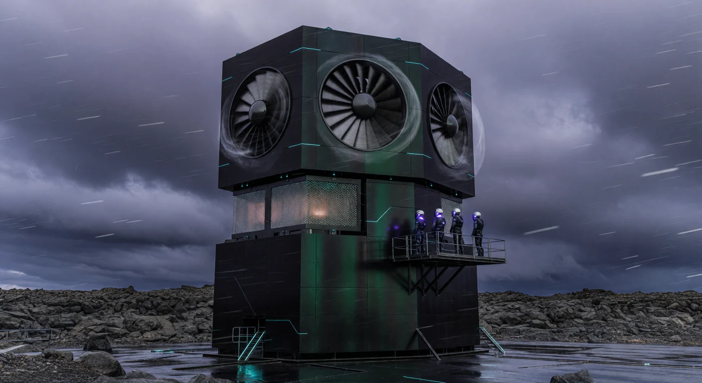 During the Augmented Dawn (2050–2100), monolithic structures like the Reykjavik Sky-Mine became essential to Earth’s atmospheric restoration and industrial evolution. This 300-meter hexagonal tower utilizes massive intake fans and honeycombed ceramic filters to harvest atmospheric CO2 for high-pressure graphene synthesis, its surface protected by light-sensitive, self-repairing Helios-4 "Living Paint." Technicians equipped with Synaptic Bridge neural interfaces oversee the complex molecular restructuring from cantilevered gantries, representing a historical era defined by the total convergence of human biology, digital architecture, and planetary-scale environmental engineering.