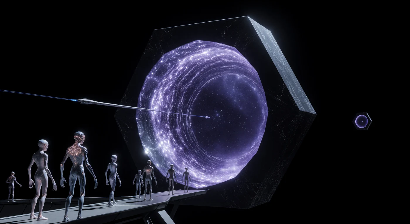 Orbiting the brilliant star Vega in 6,422 AD, a colossal Thorne Gateway serves as a vital node in the Alcubierre-Visser Lattice, the interstellar highway of the Galactic Age. This 50-kilometer hexagonal ring of Strangelet-Reinforced Carbon generates a violent violet-white vortex of folded space-time, allowing transit vessels to bypass the light-speed barrier through localized gravitational lensing. On a nearby observation platform, spindly post-biological "Void-Striders" composed of carbon-silicon composites monitor the shimmering aperture, witnessing the technology that transformed humanity’s successors into a Type II civilization. The stark contrast between the matte-black engineering and the ethereal glow of the portal highlights the immense energy required to manipulate the Lorentzian metric of the universe.