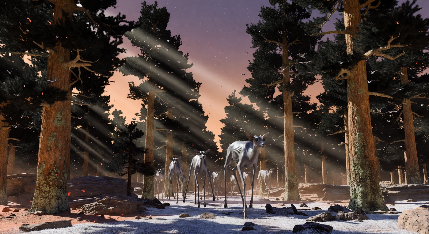 During the Great Divergence (2200–2500 AD), the Martian Valles Marineris became home to sophisticated synthetic ecosystems, such as this grove of 60-meter-tall Black-Fir trees designed with matte foliage for maximum photon absorption. A herd of hexapedal Strider-Deer is seen performing "low-G bounds" across the basaltic floor, their carbon-nanotube-reinforced skeletons and thermal-sensitive eyes allowing them to navigate the 0.38g environment and thin, CO2-rich atmosphere. This snapshot of the "Morning Thaw" illustrates the radical biological adaptations required for life to flourish under the bruised-peach skies and concentrated light of the orbital Sol-Halo mirror arrays.