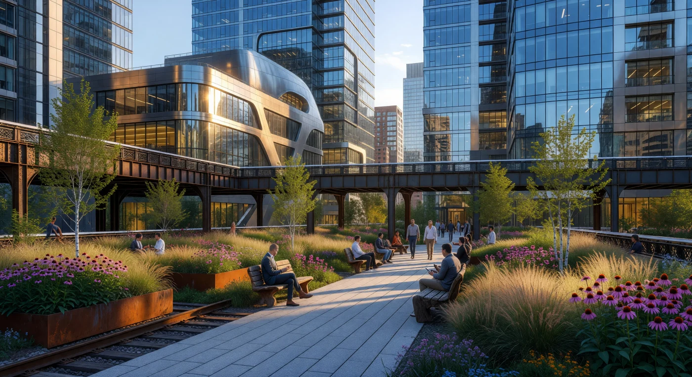 Deze weergave van de High Line in Manhattan toont de transformatie van een historisch spoorviaduct tot een iconisch lineair park, een schoolvoorbeeld van de herwonnen publieke ruimte in het digitale tijdperk. Bezoekers wandelen over karakteristieke granieten paden die overvloeien in de naturalistische prairiebeplanting van Piet Oudolf, terwijl de roestige texturen van Cortenstaal herinneren aan het industriële verleden. Op de achtergrond markeren de vloeiende, parametrische vormen van Zaha Hadids architectuur de technologische vooruitgang van de vroege 21e eeuw, waarbij geavanceerde modellering en duurzaamheid centraal staan in de moderne "Smart City".