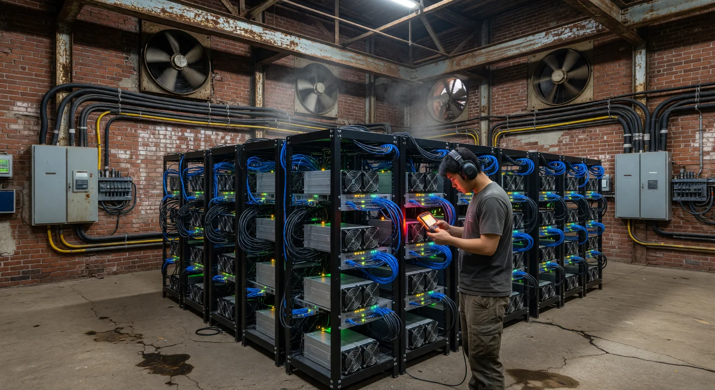 A technician inspects rows of high-performance ASIC miners housed within a repurposed mid-20th-century industrial warehouse, where weathered brick and steel meet the cutting edge of 21st-century financial technology. This scene captures the physical infrastructure behind Bitcoin, a decentralized digital currency launched in 2009 that relies on vast amounts of computational power to secure its network through a process known as "mining." The presence of specialized hardware and thermal imaging tools reflects the maturation of the Digital Age, where global finance transitioned from physical ledgers to energy-intensive, silicon-based cryptographic verification. This juxtaposition of old industrial architecture and modern "digital gold" mining illustrates the era's shift toward a decentralized, internet-native economy.