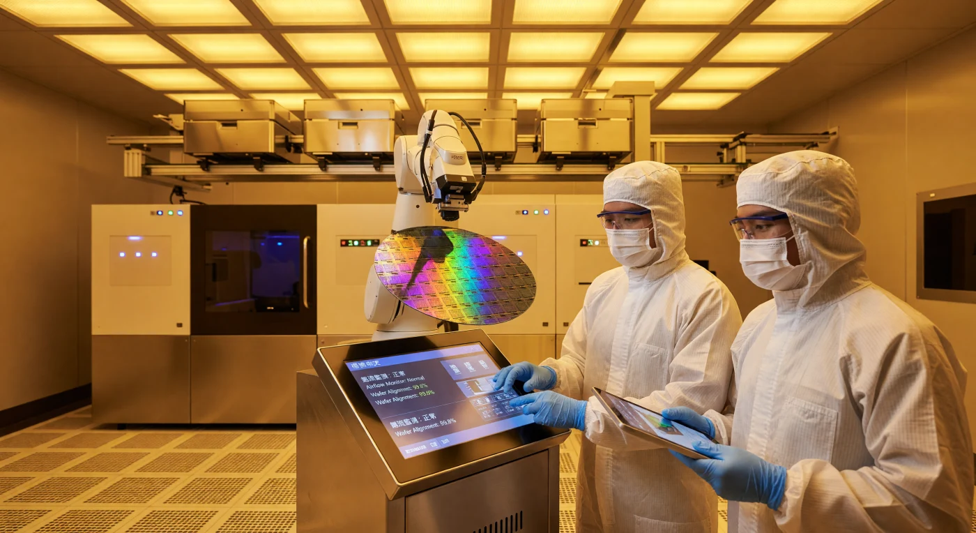 Inside a state-of-the-art semiconductor fabrication plant in Hsinchu, Taiwan, technicians clad in sterile "bunny suits" oversee the automated handling of a 300mm silicon wafer. The facility is illuminated by a monochromatic amber light, essential for protecting light-sensitive chemicals during the photolithography process used to etch billions of microscopic transistors. As the global epicenter of high-end chip production in the early 21st century, these "fabs" represent the height of the Digital Age's industrial sophistication and the foundation of the modern technological landscape.