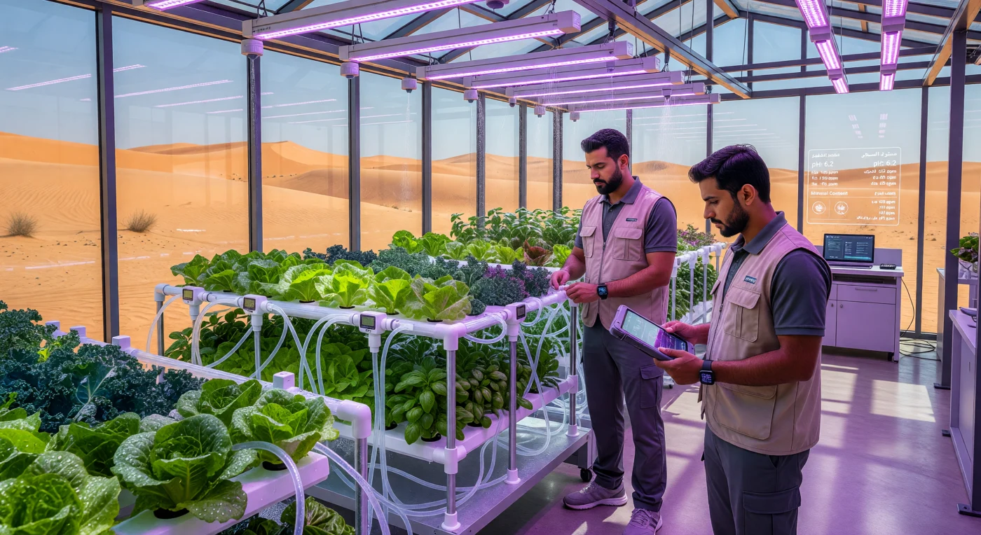 This scene depicts a high-tech hydroponic facility in the Rub' al Khali desert, illustrating the Middle East’s strategic shift toward food security and sustainable technology during the mid-2020s. Within a climate-controlled glass structure, an Emirati technician and a South Asian specialist monitor vertical nutrient film technique (NFT) racks illuminated by specialized purple LED grow lights. This juxtaposition of harsh desert dunes and lush, automated agriculture highlights the region's commitment to hyper-modernity and economic diversification in the post-oil era.