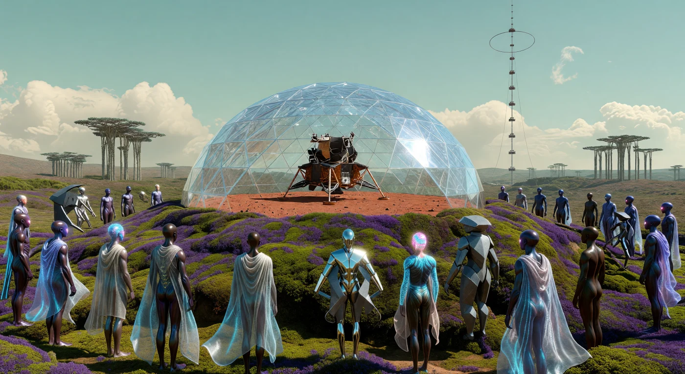 في سهل "كرايس بلانيتيا" عام 2750 ميلادية، يقف موكب من سلالة "هومو مارشيان" (Homo Martian) في وقفة إجلال حول مسبار "فايكنغ 1" التاريخي، المحفوظ داخل قبة ماسية مفرغة تحمي بقايا الثرى المريخي الأحمر الأصلي الذي يعود لعام 1976. يُبرز هذا المشهد التباين الصارخ بين التقنية البدائية لهذا السلف الآلي والبيئة المريخية المستصلحة، حيث ينمو البساط النباتي الأرجواني تحت غلاف جوي بضغط 0.85 بار وسماء فيروزية خلابة. هؤلاء البشر المريخيون، الذين تكيفت أجسادهم بطول يصل إلى 2.5 متر مع الجاذبية المنخفضة (0.38g)، يجتمعون مع كيانات "ليثيك-سينث" السيليكونية ووسطاء "نووسفير-ووكر" الرقميين، في مشهد يجسد التطور العميق من فجر الاستكشاف الميكانيكي إلى عصر الحضارة الكوكبية المتكاملة.