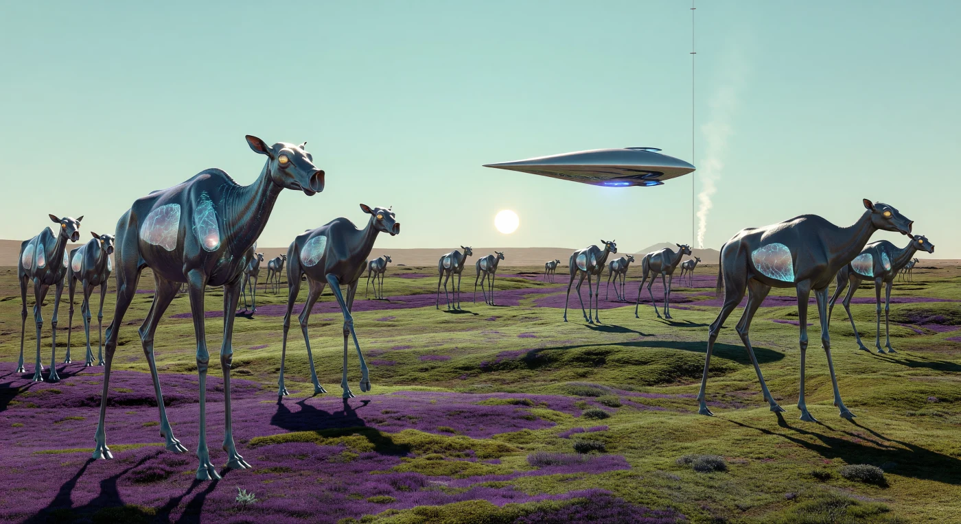 تشهد سهول "فاسيتاس بورياليس" في أواخر القرن الثلاثين هجرة مهيبة لقطعان "الأيائل الساعية" (Strider-Cervids)، وهي كائنات عشبية مهندسة وراثيًا يبلغ طولها أربعة أمتار وتمتلك هياكل عظمية مدعمة بأنابيب الكربون النانوية لتلائم جاذبية المريخ المنخفضة. تقتات هذه الكائنات على بساط مخملي من الطحالب الأرجوانية والزمردية المثبتة للنيتروجين، بينما يحلق فوقها "وكيل عابر للغلاف العقلاني" (Noosphere-Walker Proxy) انسيابي يمثل الوجود الرقمي للبشرية في هذا النظام البيئي المستصلح. يجسد هذا المشهد عصر "العالم الأخضر"، حيث تحول المريخ من قفر مغبر إلى رئة حيوية للنظام الشمسي، بفضل تقنيات الهندسة الكوكبية التي أوجدت غلافًا جويًا كثيفًا وحياة نباتية مزدهرة فوق ما كان يُعرف سابقًا بالسهول الصدئة.