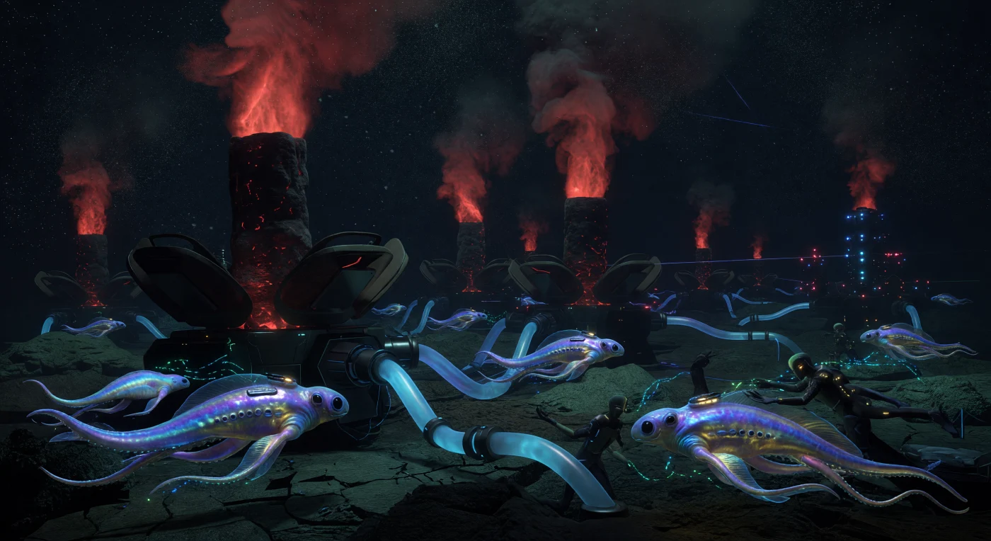 في أعماق محيط قمر إنسيلادوس السحيق، تحت ٢٠ كيلومتراً من القشرة الجليدية، تظهر كائنات "الأكواتيكس" الهجينة وهي تدير حصادات الطاقة الحرارية بجانب المداخن المائية المتوهجة. خلال عصر التوسع الشمسي (٢٥٠٠-٣٠٠٠ م)، استغلت حضارة "الهيمنة الكرونية" قوى المد والجزر لزحل لتشغيل محركات ضخمة في هذه البيئة عالية الضغط، محولةً الحرارة الجوفية إلى طاقة حيوية. تجسد هذه الكائنات، بجلودها المتلألئة حيوياً وواجهاتها العصبية المدمجة، ذروة التكيف التطوري والتكنولوجي مع العتمة المطلقة للمحيطات الفضائية العميقة.