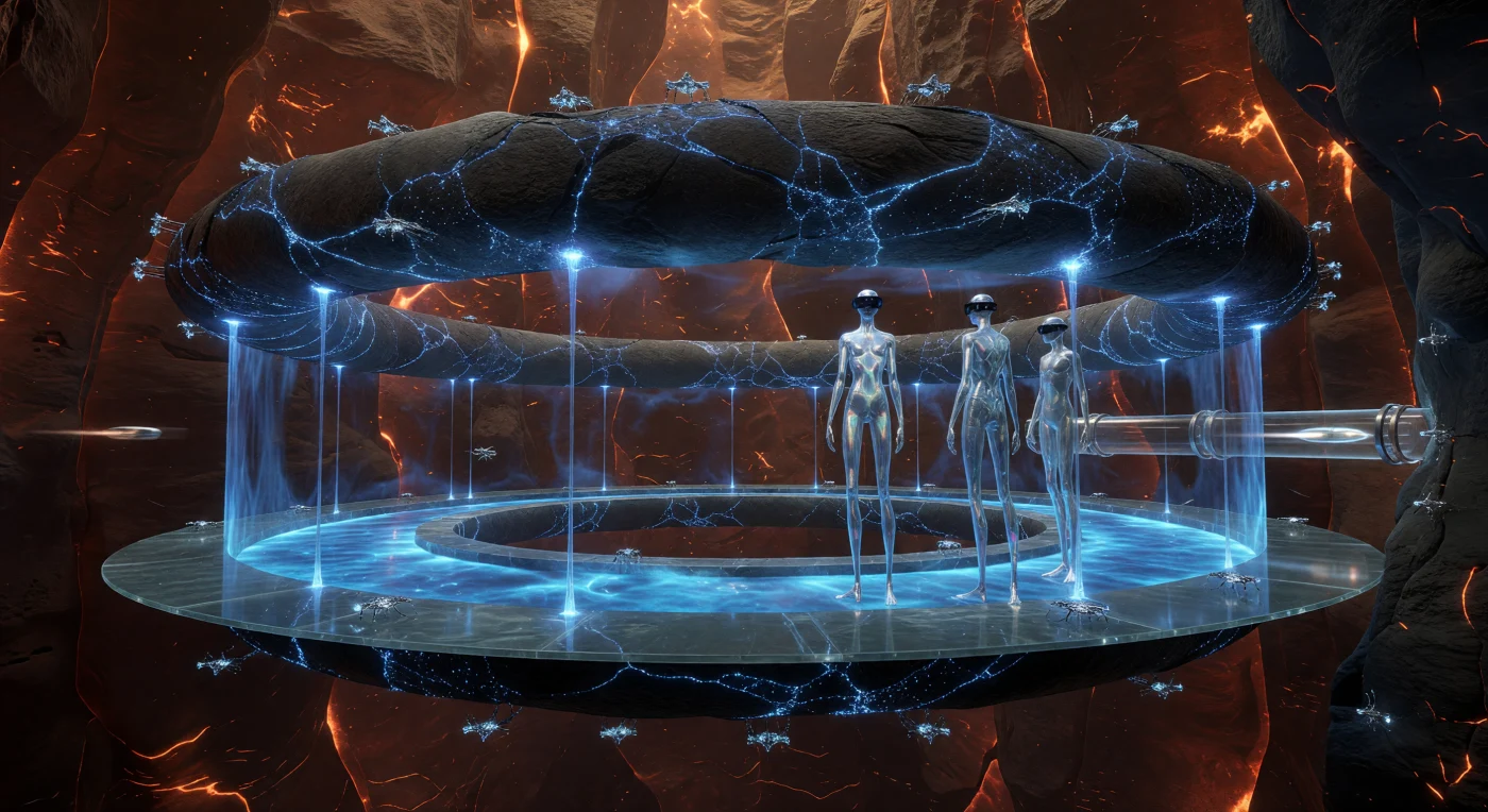 يصور هذا المقطع العرضي "حلقة مرساة الغلاف المغناطيسي" على عمق ٤٠ كيلومتراً تحت سطح الأرض، حيث يتدفق تيار من البلازما فائق التبريد داخل قناة ضخمة من "البازلت الحي" المهندس حيوياً لإصلاح صدوعه ذاتياً. يعود هذا الإنجاز الهندسي إلى عصر "الأفق" (١٠٠,٠٠٠ - ١,٠٠٠,٠٠٠ ميلادي) خلال فترة "الركود العظيم"، وهي حقبة سخرت فيها الحضارة التكتونيات الكوكبية لتثبيت المجال المغناطيسي للأرض وحمايتها من الإشعاعات الكونية. ويظهر في المشهد مراقبون "ما بعد بيولوجيين" طوال القامة يرتدون أليافاً نانوية متلألئة، يشرفون من فوق منصات "زجاج الأثير" على هذا النظام البيئي الميكانيكي الذي حول الكوكب إلى آلة حية مستقرة عبر أعماق الزمن.