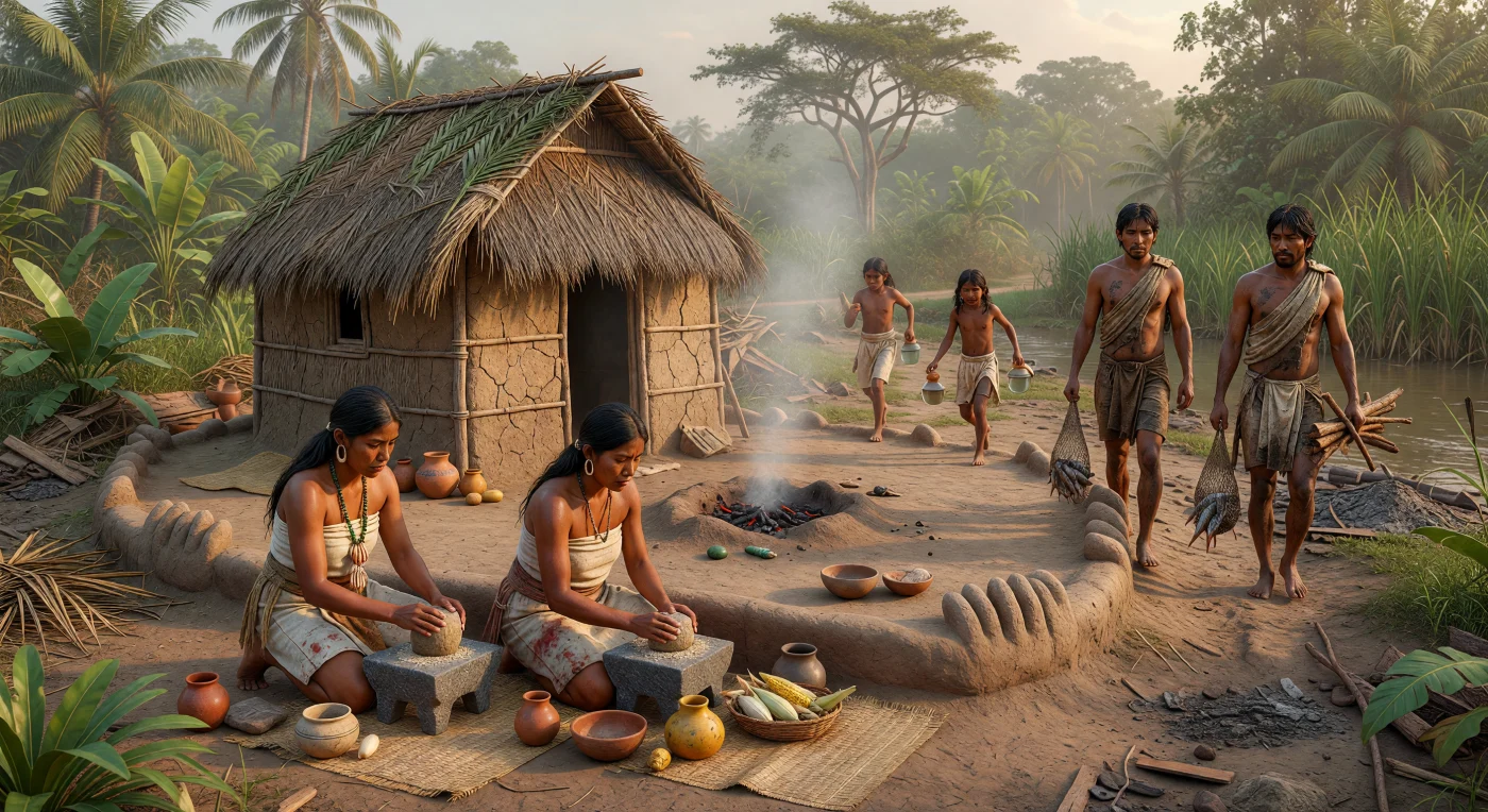 En esta escena doméstica de una aldea mesoamericana del Formativo medio, hacia 700–500 a. C., dos mujeres arrodilladas muelen maíz sobre metates de piedra junto a vasijas cerámicas, jícaras y un fogón humeante, mientras niños descalzos transportan calabazas con agua y dos hombres regresan del río con peces y leña. La vivienda, hecha de bajareque y techo de palma sobre una baja plataforma de tierra, refleja la vida cotidiana de las comunidades ribereñas de las tierras bajas del Golfo dentro de la esfera de interacción olmeca. Más que grandes monumentos, la imagen destaca la base del mundo mesoamericano temprano: hogares sedentarios, agricultura del maíz, alfarería, redes de intercambio de concha y piedra verde, y el trabajo colectivo que sostenía a la comunidad.