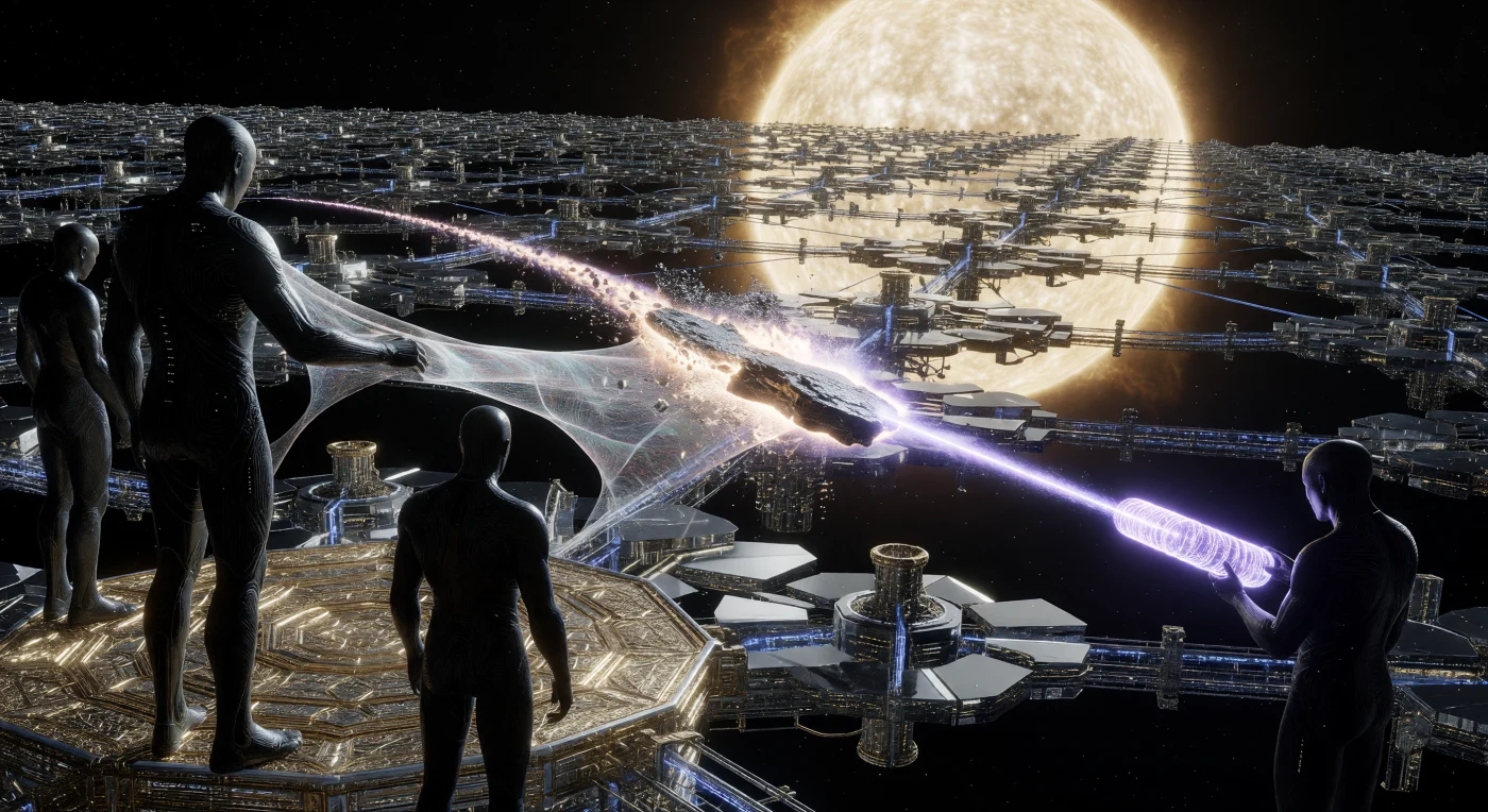 '지평선(The Horizon)' 시기인 서기 100,000~1,000,000년경, 다이슨 콜렉터 노드 인근에서 '폴리스트럭처럴(Polystructural)' 파수꾼들이 '엔트로피 광신도(Entropy Cult)'의 운동 에너지 공격을 방어하는 긴박한 순간입니다. 흑요석 질감의 펨토기술 신체를 가진 이들은 프로그래밍 가능 물질을 거대한 그물처럼 펼쳐 초고속으로 돌진하는 철질 파편을 포획하고, 정밀한 플라스마 빔으로 궤도를 수정하여 항성 에너지 수확 장치를 보호합니다. 카르다쇼프 2.5단계 문명의 기술적 정점을 보여주는 이 장면은 광활한 우주적 시간 속에서 자원을 보존하고 문명을 유지하려 했던 지적 생명체들의 치열한 진화적 흔적을 상징합니다.