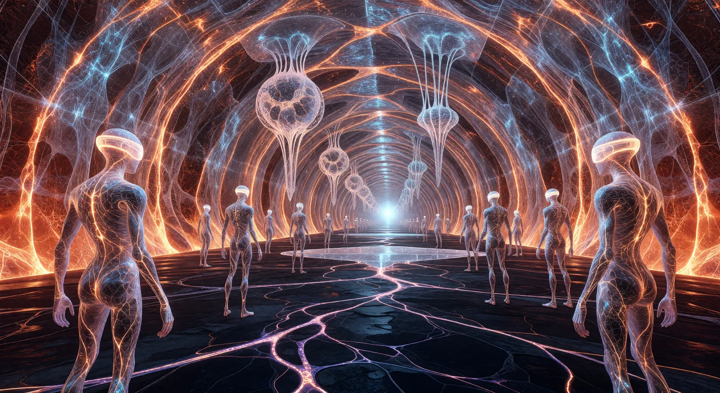 서기 약 10만 년에서 100만 년 사이의 '지평선 시대'에 구축된 이 거대한 지하 대성당은 인류의 후예인 포스트 바이오로지컬(Post-biological) 존재들이 행성급 공학을 통해 지구 맨틀 내부를 개조한 경이로운 현장을 보여줍니다. 응축 중성미자 그물망이 50킬로미터에 달하는 백열광의 마그마 벽을 견고히 지탱하고 있으며, 그 사이로 투명한 탄소 나노튜브 복합체 신체를 지닌 3미터 높이의 거주자들이 '살아있는 현무암' 바닥 위를 부유하며 고요한 질서 속에 머물고 있습니다. 지질학적 역동성과 초고도 기술이 완벽한 평형을 이룬 이 공간은 물질 조작 능력이 정점에 달해 자연과 문명의 경계가 사라진 심원한 시간의 '대정지기'를 상징하는 유물입니다.