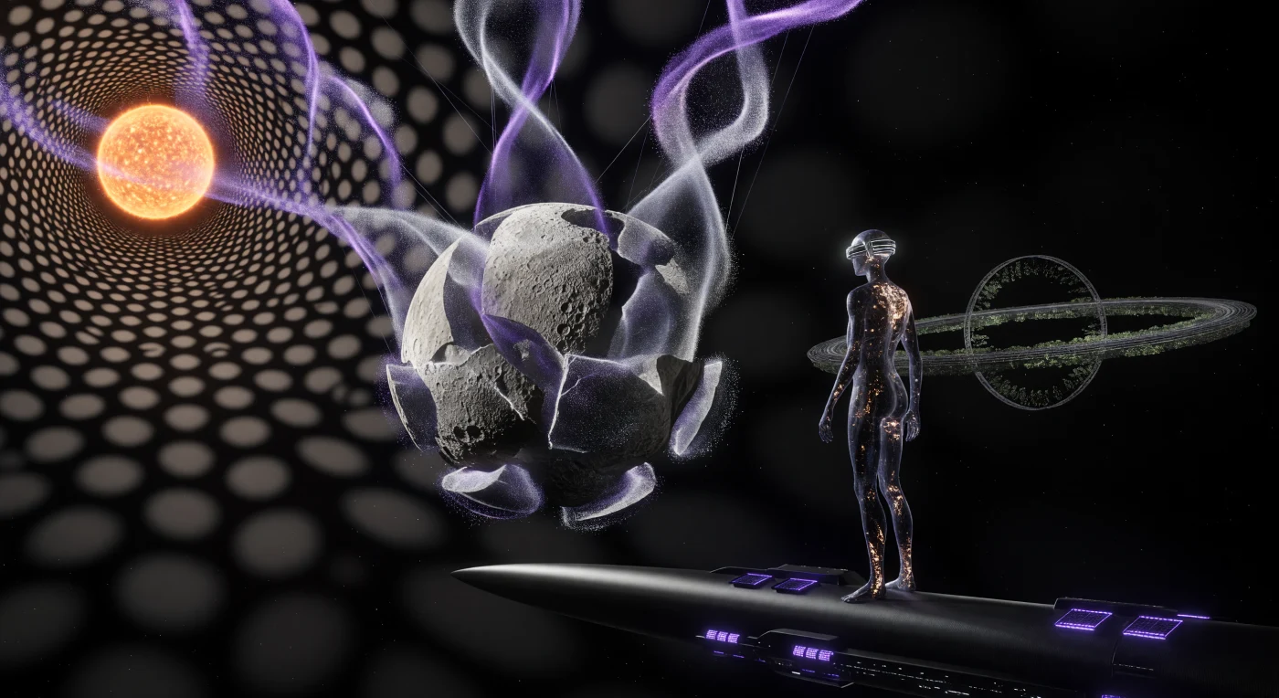 에리다누스자리 엡실론 항성계에서 수조 개의 나노 드론으로 구성된 ‘군집 의식(Swarm-Mind)’이 200km 크기의 소위성을 원자 단위로 분해하여 보라색 플라스마로 정련하는 ‘대정련(Great Refinement)’의 순간입니다. 인류 이후의 연대기인 ‘지평선(The Horizon, 서기 100,000~1,000,000년)’기에 포착된 이 광경은, 프로그램 가능 물질로 신체를 재구성한 ‘다구조체(Polystructural)’ 관찰자가 거대 구조물 건설을 위해 천체의 질량을 수확하는 경이로운 공정을 보여줍니다. 전자기 테더를 따라 이중 나선으로 솟구치는 은빛 입자들과 배경을 가득 채운 다이슨 스웜의 기하학적 그림자는, 항성계 전체의 에너지와 물질을 완전히 장악한 카르다쇼프 2.5단계 문명의 압도적인 기술력을 증명합니다.