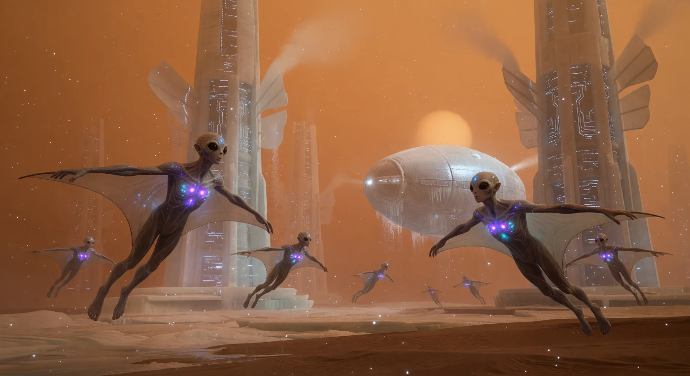 Na atmosfera densa e alaranjada de New Huygens, indivíduos da espécie *Homo adaptus* planam entre colossais torres de Pykrete, utilizando membranas alares para navegar no ar quatro vezes mais denso que o da Terra. Durante a Grande Divergência (2200-2500), esses pós-humanos de três metros de altura desenvolveram peles polimérico-lipídicas translúcidas e patches bioluminescentes para comunicação, adaptando-se ao frio extremo de 94 K. Este cenário revela uma engenharia biológica sofisticada, onde a baixa gravidade de 0,138g permite o voo biológico sobre uma paisagem de dunas de tolina e gelo de água com dureza de granito.