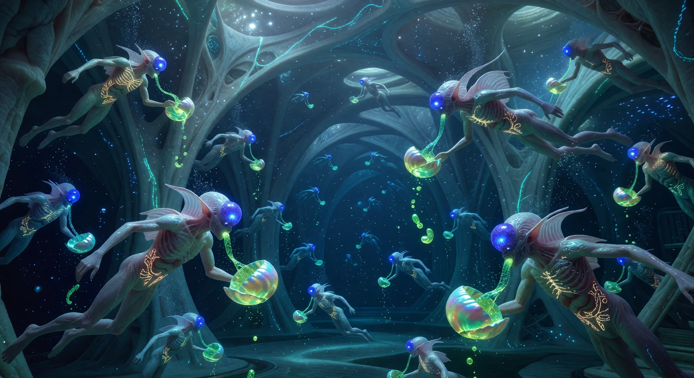 Set within the Jovian moon’s subsurface ocean during the Great Divergence (c. 2200–2500), this scene illustrates the communal feeding rituals of *Homo adaptus*, a human lineage biologically specialized for the Europan Abyss. Suspended in neutral buoyancy within biomineralized halls, these "Abyssals" utilize forehead-mounted sonar melons to navigate the lightless environment while consuming nutrient-dense chemosynthetic paste. Their translucent skin, vestigial eyes, and specialized gill membranes reflect extreme evolutionary adaptations to the high-pressure, mineral-rich waters powered by the tidal friction of Jupiter.