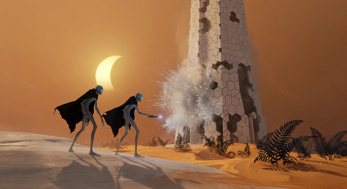 Set during the Great Divergence (2200–2500 CE), this scene depicts *Homo adaptus* insurgents sabotaging a ceramic heat-exchange spire amidst the frozen methane dunes of Titan. These bio-engineered inhabitants possess elongated frames and wing-like patagia adapted for the moon’s low gravity and fluid-thick atmosphere, using bioluminescent skin patches to communicate in the infrared spectrum. A catastrophic breach in the tower’s side causes oxygenated water vapor to instantly desublimate into jagged ice crystals, a violent reaction to the moon’s 94 K ambient temperature under the looming, hazy crescent of Saturn.