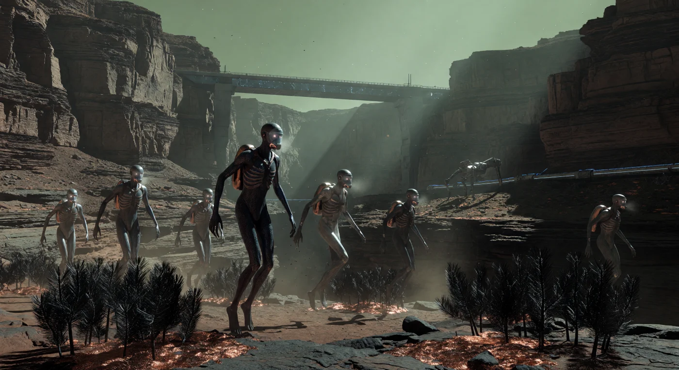 Durante el "Deshielo Matutino" en las profundidades de Valles Marineris, un grupo de *Homo adaptus* se desplaza mediante rítmicos saltos de cuatro metros, una proeza biomecánica facilitada por la baja gravedad de 0,38g. Esta escena, perteneciente a la Era de la Gran Divergencia (2200–2500 d.C.), ilustra adaptaciones evolutivas críticas como tórax en forma de barril para procesar la atmósfera enriquecida y extremidades elongadas reforzadas con nanotubos de carbono. Bajo la luz dirigida por el conjunto de espejos orbitales Sol-Halo, los individuos utilizan "Thermo-Skins" y bioluminiscencia subdérmica para navegar entre bosques de abetos negros genéticamente modificados, evidenciando la sofisticada simbiosis entre ingeniería y biología en el Marte terraformado.