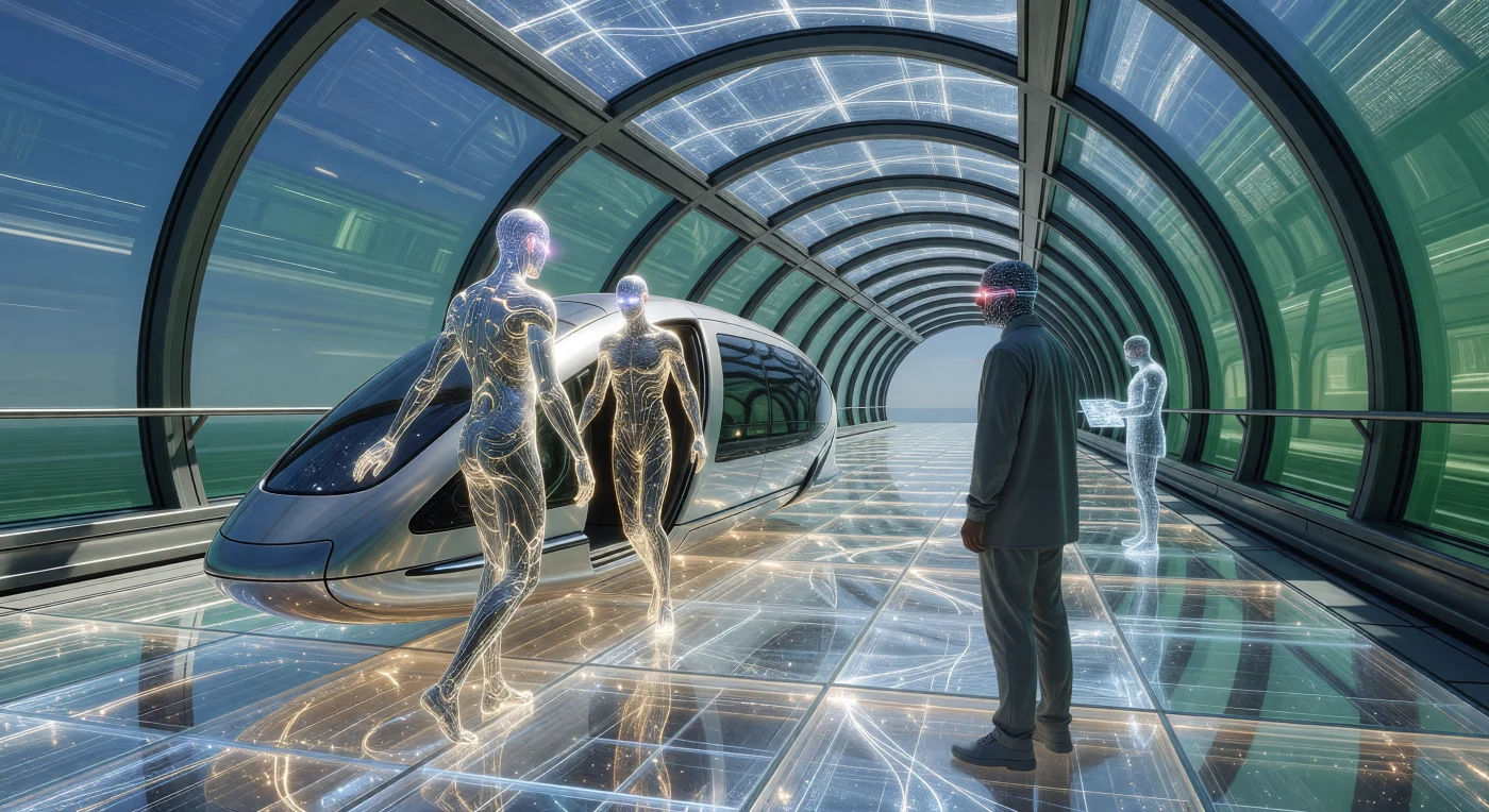 In deze reconstructie uit de periode van de Grote Divergentie (2200–2500 n.Chr.) zien we de fysieke manifestatie van de digitale kloof binnen de soort *Homo augmentus*. Terwijl een hoogwaardige functionaris in een goudgeëtst gewaad soepel een maglevpod betreedt, is een arbeider ernaast bevroren in een 'micro-stutter' door een neurale netwerkvertraging van 50 milliseconden. De scène op dit platform van doorschijnend yttrium-aluminium-granaat illustreert een cruciaal punt in de menselijke geschiedenis, waarbij biologische synchronisatie met de stedelijke quantum-architectuur de nieuwe graadmeter voor sociale en evolutionaire dominantie werd.