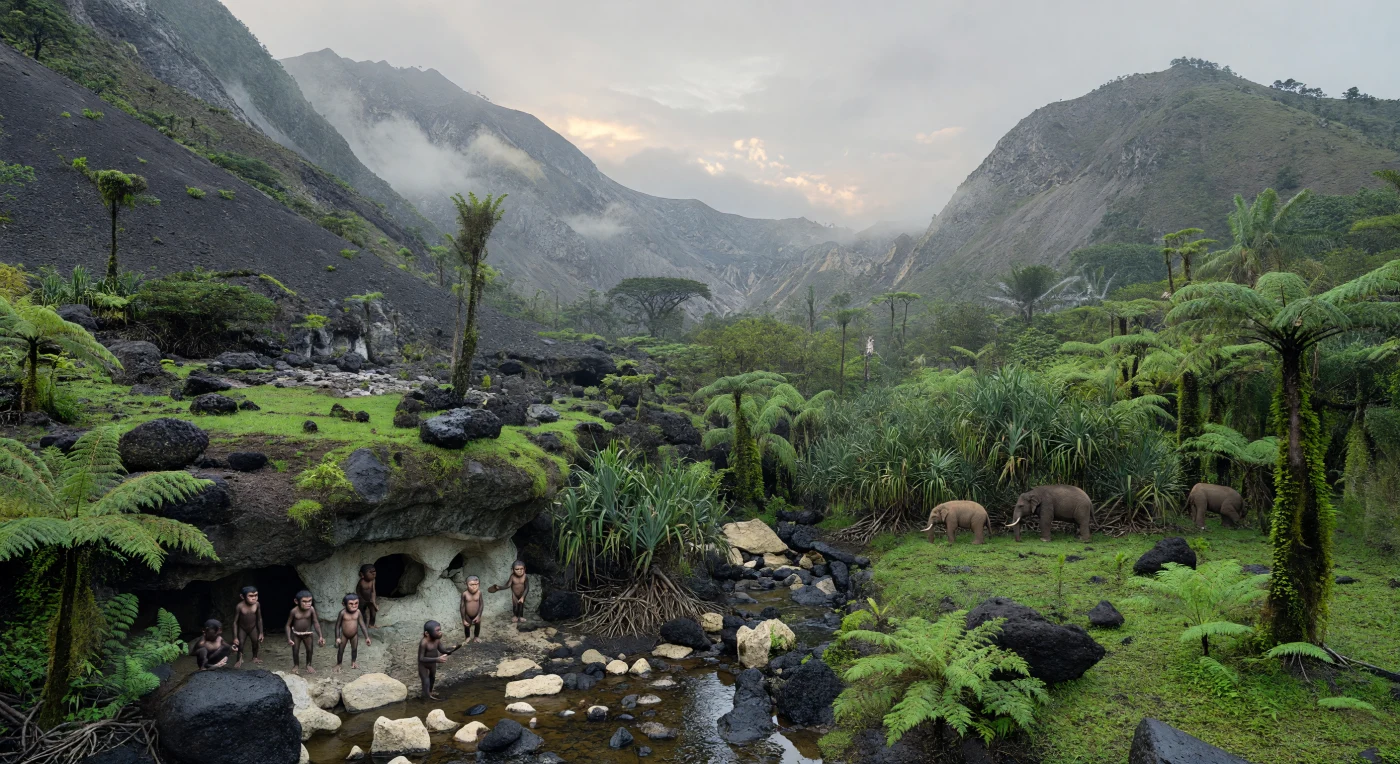 In deze vochtige, steile vallei op Flores, onder asgrijze vulkaanhellingen en bij kleine kalkstenen grotingangen, verzamelt zich een groepje Homo floresiensis terwijl aan de bosrand een dwergstegodon, Stegodon florensis, tussen pandanus en boomvarens foerageert. Dit tafereel speelt zich af in het Laat-Pleistoceen, ruwweg 100.000 tot 50.000 jaar geleden, toen koele ijstijdklimaten zelfs in de tropen afwisselden maar beschutte refugia zoals deze groene vulkanische vallei vochtige bossen in stand hielden. Flores was een geïsoleerd eiland in Wallacea, waar langdurige afzondering leidde tot opmerkelijke eilanddwerggroei bij grote zoogdieren en het voortbestaan van een kleine mensensoort die stenen werktuigen gebruikte in een landschap van basalt, tuf en regenwoud.