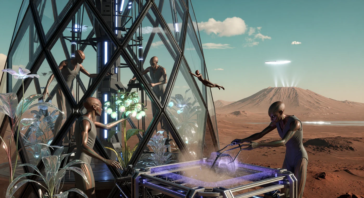 In dit panorama zien we *Homo martianus*, een tot 2,5 meter lange menssoort met een vergrote longcapaciteit, die de bioluminescente vruchten van de *Vitreous Flora* oogst in een kilometershoge glazen spits boven het Tharsis-plateau. Tijdens de Solaire Expansie (2500–3000 n.Chr.) werd Mars getransformeerd tot een vitale 'Groene Wereld', waar geavanceerde moleculaire weefgetouwen atoom-voor-atoom gereedschappen vervaardigen binnen een volledig gemanipuleerde biosfeer. De turquoise horizon en de verre pieken van Olympus Mons illustreren de enorme schaal van dit technologische ecosysteem, dat wordt gevoed door geconcentreerd zonlicht van gigantische orbitale spiegels.