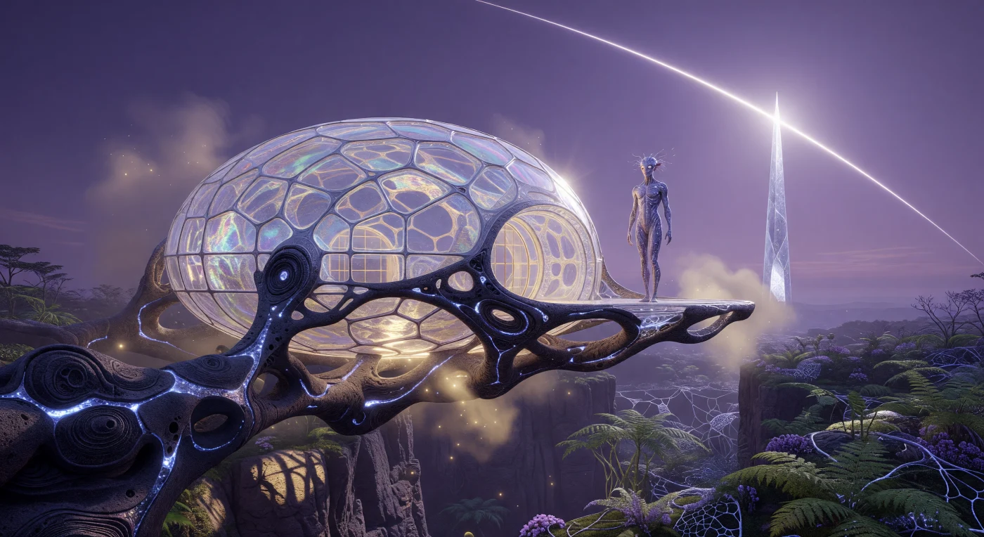 ホライゾン時代（紀元後約10万〜100万年）の「大停滞」期を象徴するこの光景では、自己修復能力を持つ「リビング・バサルト（生きた玄武岩）」の肢に支えられた「ノーダル・コクーン」が、紫色の Atmospheric Shroud（大気シールド）の下で琥珀色の輝きを放っています。プラットフォームに佇むのは、低重力環境への適応を遂げたポスト・バイオロジカル（脱生物学的）な人類の後継種であり、その身体は細胞ポリマーとニュートリノ・メッシュの複合体へと進化を遂げています。背景にそびえる10キロメートル級の「クロノ・オベリスク」は、建築が地質学的スケールの安定性と融合し、文明が地球の深遠なる時間の一部と化したこの時代の調和を物語っています。