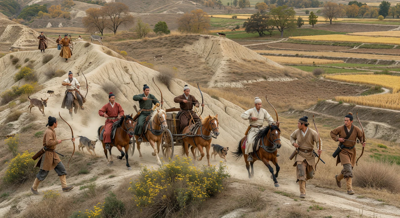 黄河流域北縁の黄土丘陵では、乾いた溝地と段々畑のあいだを、帯を締めた春秋時代の周の貴族たちが軽快な二頭立て戦車と小型馬で進み、驚いて斜面を駆け上がるニホンジカを徒歩の弓兵とともに追っています。樫やニレの疎林、刈り取り後のアワ・キビ畑、遠い尾根のオオカミが、華北北部の半乾燥した晩秋の景観を生々しく伝えます。紀元前650〜500年ごろの東周では、狩猟は食料確保だけでなく、貴族が戦車運用、騎乗、弓術を磨き、威信と統治力を示す重要な実践でもありました。