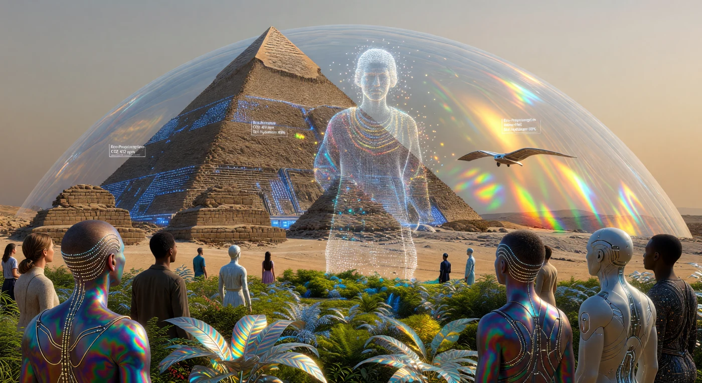Nel 2088, l'Altopiano di Giza si presenta come un nodo centrale del "Solar Arc", dove le piramidi millenarie sono state integrate con esoscheletri in grafene per fungere da hub di dati sotto una vasta cupola protettiva in aerogel. Una folla eterogenea di umani aumentati dai legami neurali "Nyansapo", sintetici biomimetici e individui naturali osserva una complessa "tessitura olografica" che rievoca un antenato del XXI secolo sospeso tra felci bio-ingegnerizzate. Questa istantanea dell'Alba Aumentata testimonia una fase cruciale della storia terrestre, in cui la tecnologia su scala molecolare e la memoria ancestrale convergono per stabilizzare l'ecosistema planetario attraverso una sofisticata armonia biologica.