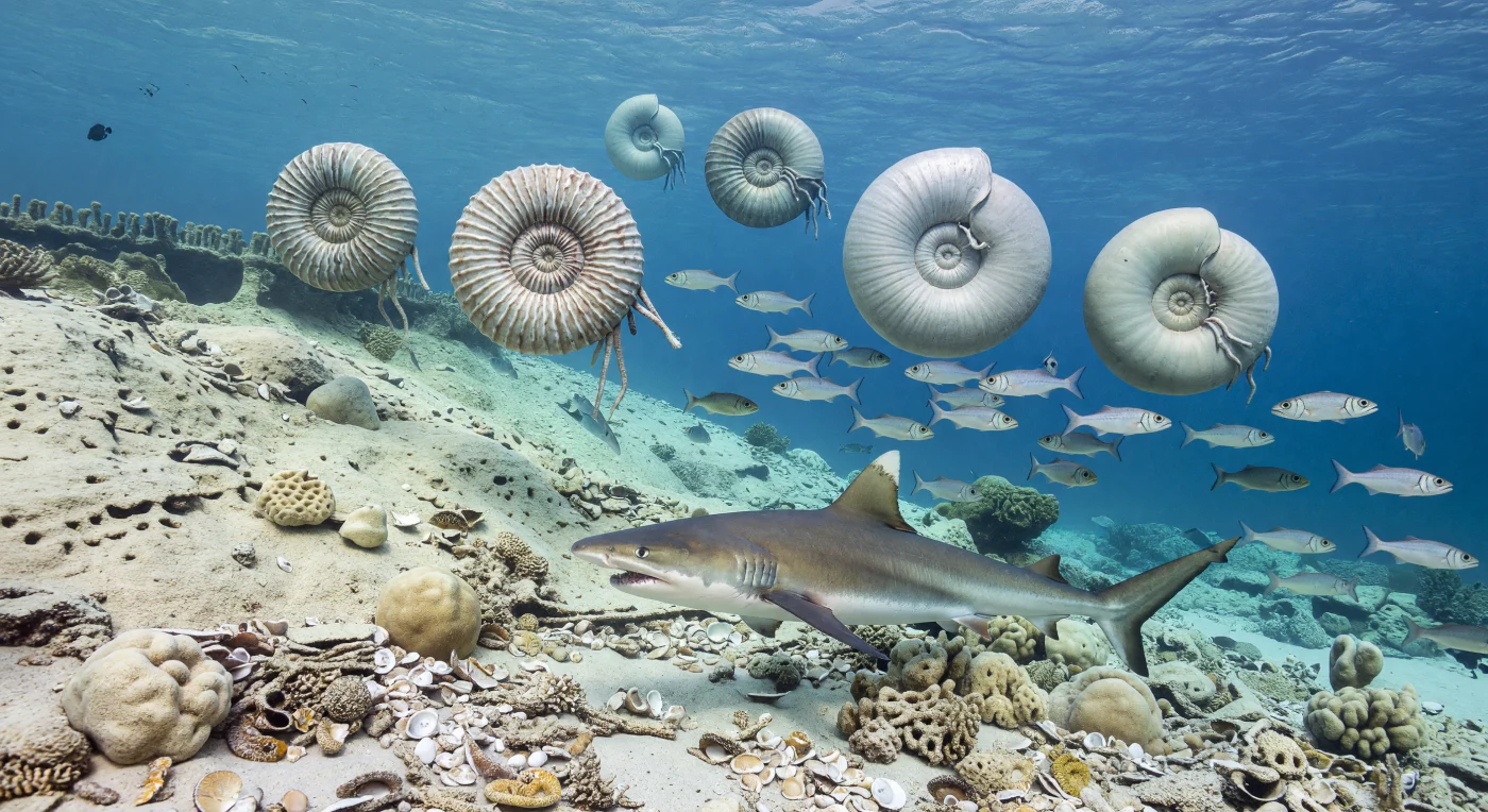 약 1억~9천만 년 전 후기 백악기, 적도성 테티스 해역의 탄산염 대륙붕 가장자리에서는 늑골 장식이 뚜렷한 암모나이트 아칸토세라스(Acanthoceras)와 더 매끈한 푸조시아(Puzosia)가 푸른 상층수를 유영하고, 그 곁으로 송곳니가 돋보이는 포식성 경골어류 엔코두스(Enchodus) 무리가 번뜩입니다. 아래쪽의 창백한 석회암 전초암초 사면에는 깨진 패각, 루디스트 조각, 해면 동물이 흩어져 있으며, 그 위를 길이 약 4m의 주름상어 스쿠알리코락스(Squalicorax)가 천천히 순찰합니다. 이 장면은 오늘날 산호초 어류가 아닌, 루디스트가 구축한 백악기 열대 탄산염 플랫폼 생태계를 보여 주며, 따뜻하고 맑은 얕은 바다에도 이미 복잡한 먹이그물과 다양한 두족류가 번성했음을 생생하게 전합니다.